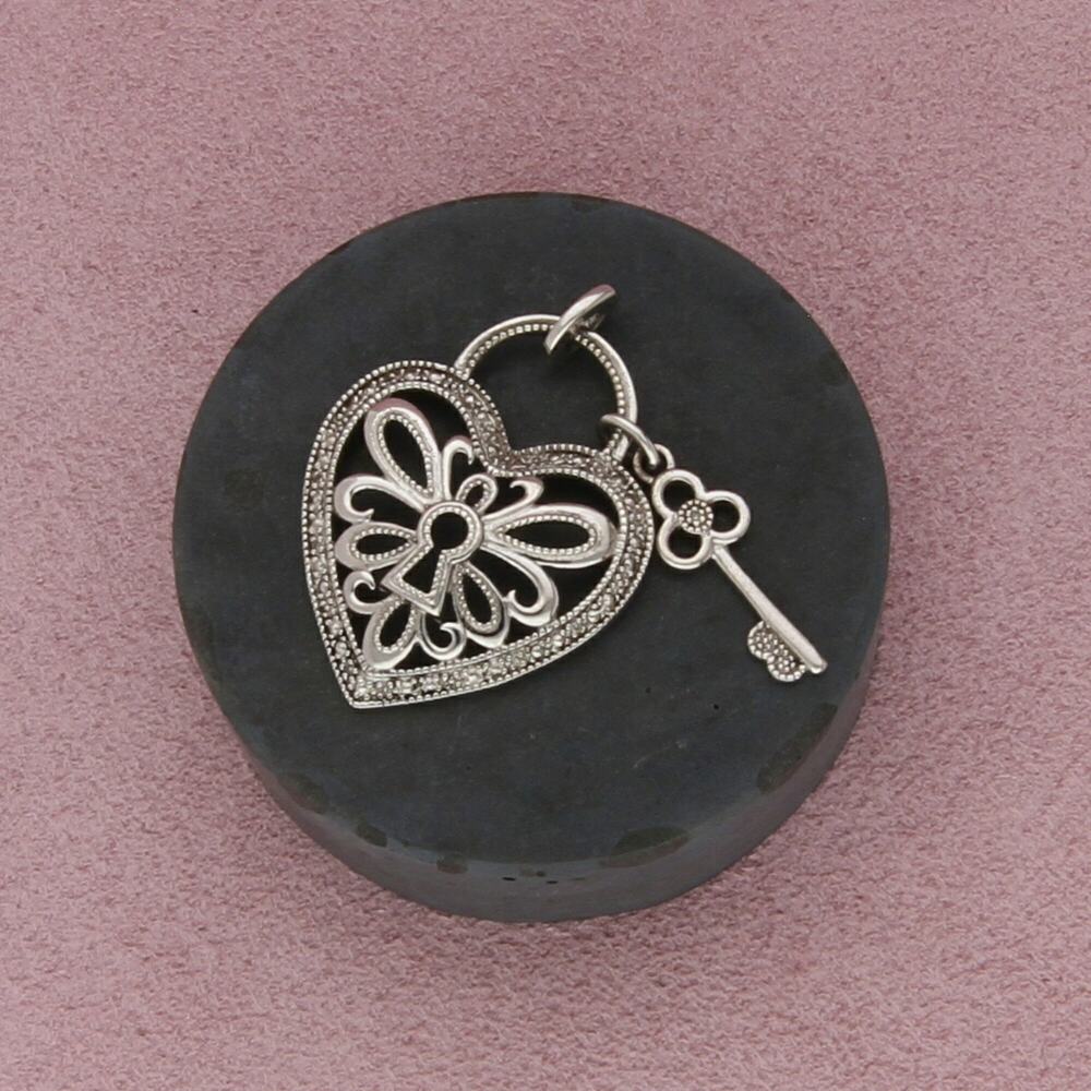 sterling silver diamond accent heart padlock & key pendant - Picture 1 of 3
